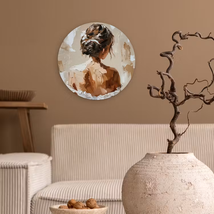 Vrouw - Verf - Abstract - Beige - Modern Wandcirkel kunststof plaat 5mm dik klein -sfeer1