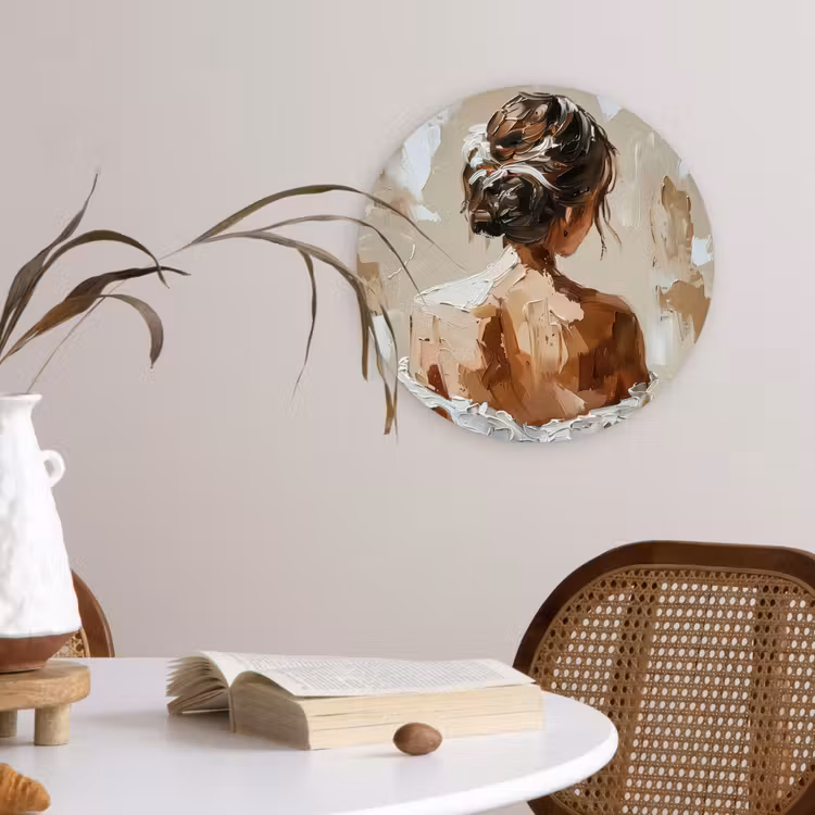 Vrouw - Verf - Abstract - Beige - Modern Wandcirkel kunststof plaat 5mm dik klein -sfeer4