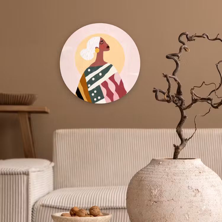 Vrouw - Zon - Kleurrijk Wandcirkel kunststof plaat 5mm dik klein -sfeer1