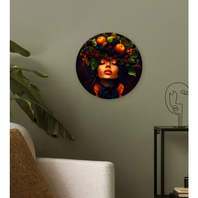 Vrouw - Zwart - Bessen - Bramen - Appels Wandcirkel kunststof plaat 5mm dik klein -sfeer3