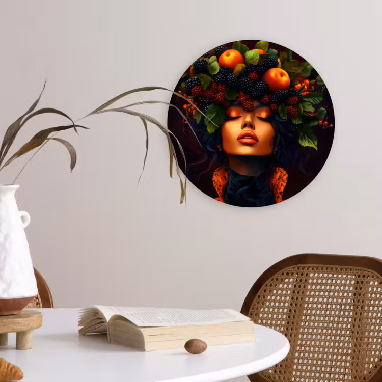 Vrouw - Zwart - Bessen - Bramen - Appels Wandcirkel kunststof plaat 5mm dik klein -sfeer4