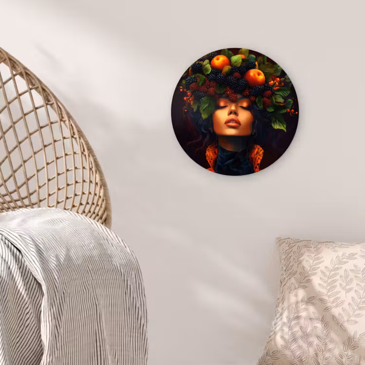 Vrouw - Zwart - Bessen - Bramen - Appels Wandcirkel kunststof plaat 5mm dik klein -sfeer5