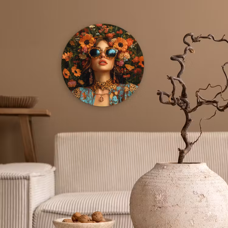 Vrouwen - Bloemen - Modern - Bril - Abstract Wandcirkel kunststof plaat 5mm dik klein -sfeer1