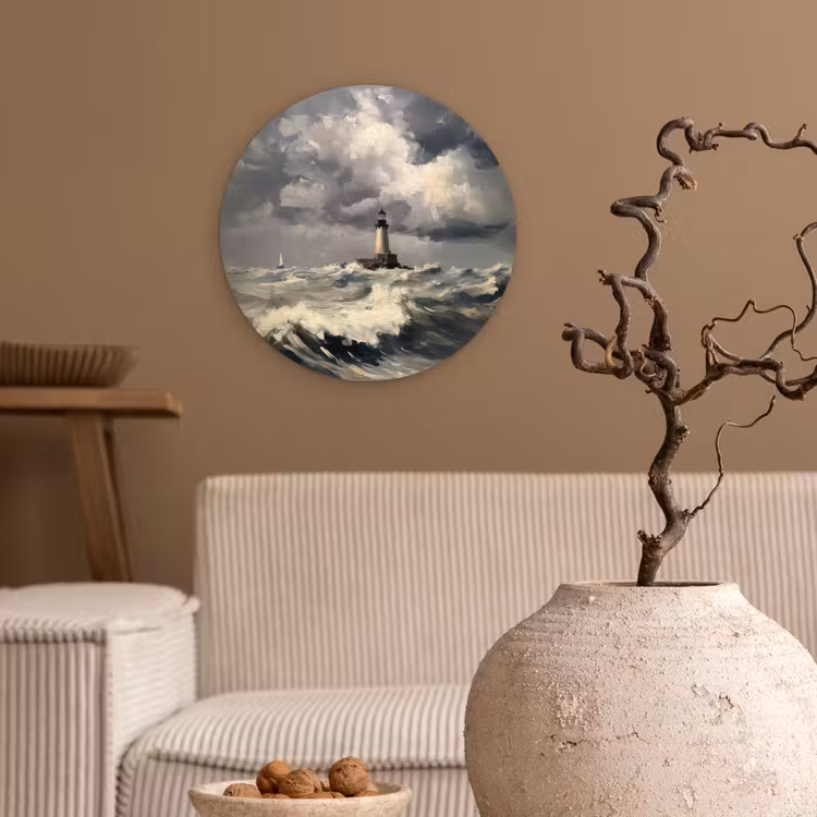 Vuurtoren - Golven - Storm Wandcirkel kunststof plaat 5mm dik klein -sfeer1