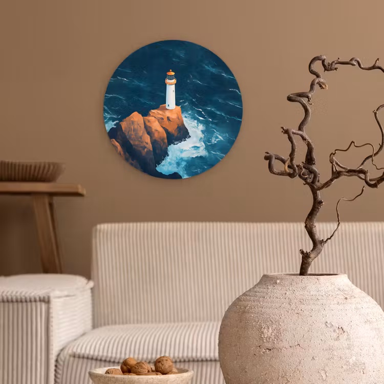Vuurtoren - Rots - Zee - Golven Wandcirkel kunststof plaat 5mm dik klein -sfeer1