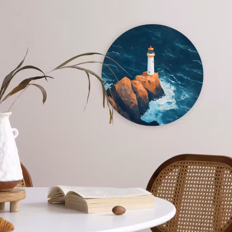 Vuurtoren - Rots - Zee - Golven Wandcirkel kunststof plaat 5mm dik klein -sfeer4