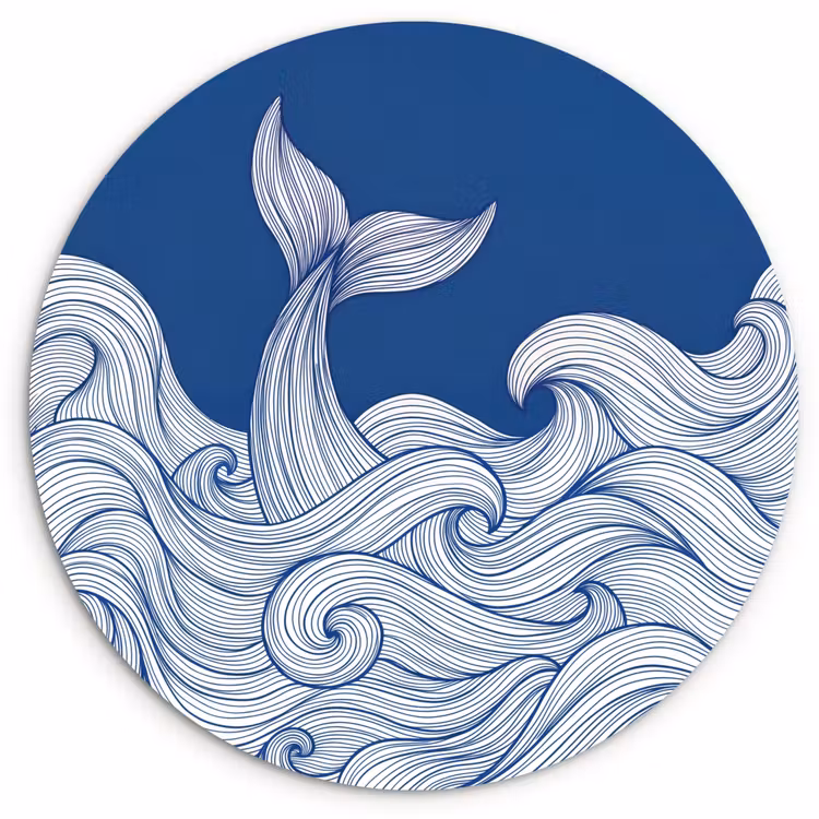 Walvis - Staart - Golven - Lijntekening - Blauw Wandcirkel kunststof plaat 5mm dik klein -3d