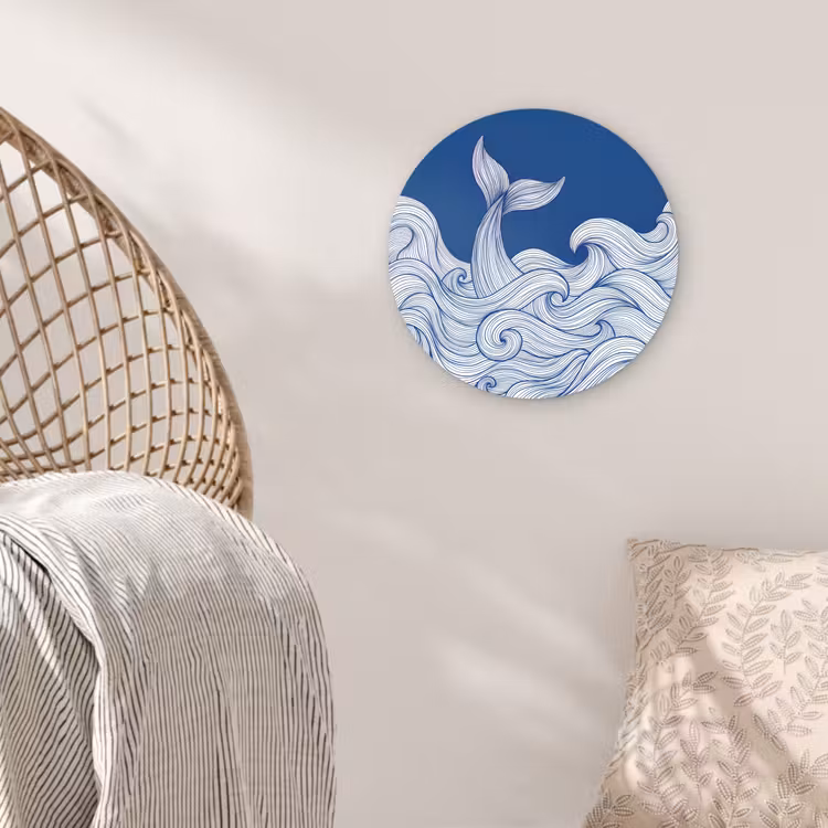 Walvis - Staart - Golven - Lijntekening - Blauw Wandcirkel kunststof plaat 5mm dik klein -sfeer5