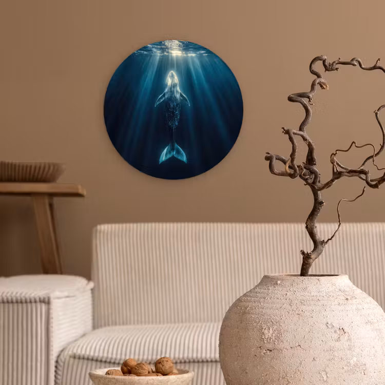 Walvis - Water - Zonnestralen - Blauw Wandcirkel kunststof plaat 5mm dik klein -sfeer1