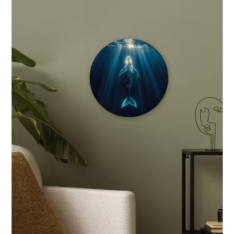 Walvis - Water - Zonnestralen - Blauw Wandcirkel kunststof plaat 5mm dik klein -sfeer3