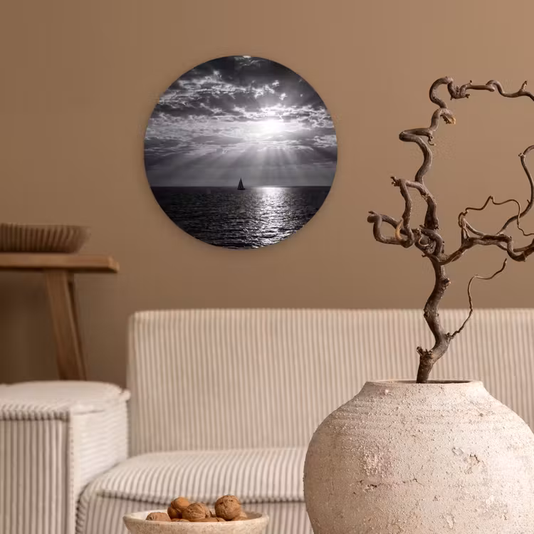 Water - Boot - Lucht - Natuur - Zwart-wit Wandcirkel kunststof plaat 5mm dik klein -sfeer1