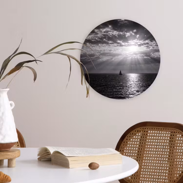Water - Boot - Lucht - Natuur - Zwart-wit Wandcirkel kunststof plaat 5mm dik klein -sfeer4