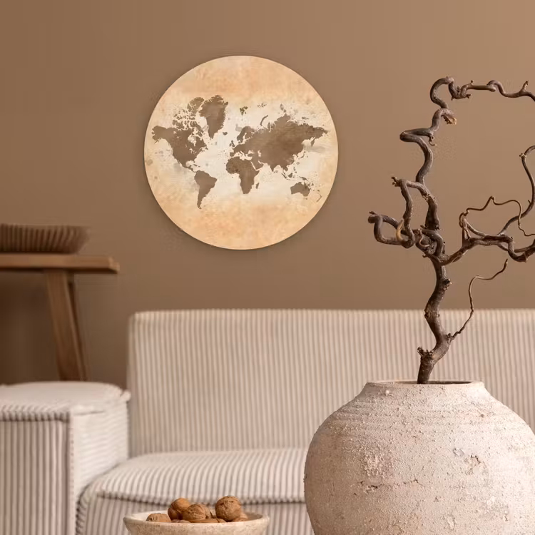 Wereldkaart - Beige - Bruin Wandcirkel kunststof plaat 5mm dik klein -sfeer1
