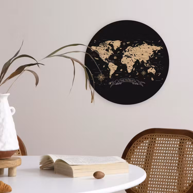 Wereldkaart - Beige - Zwart Wandcirkel kunststof plaat 5mm dik klein -sfeer4