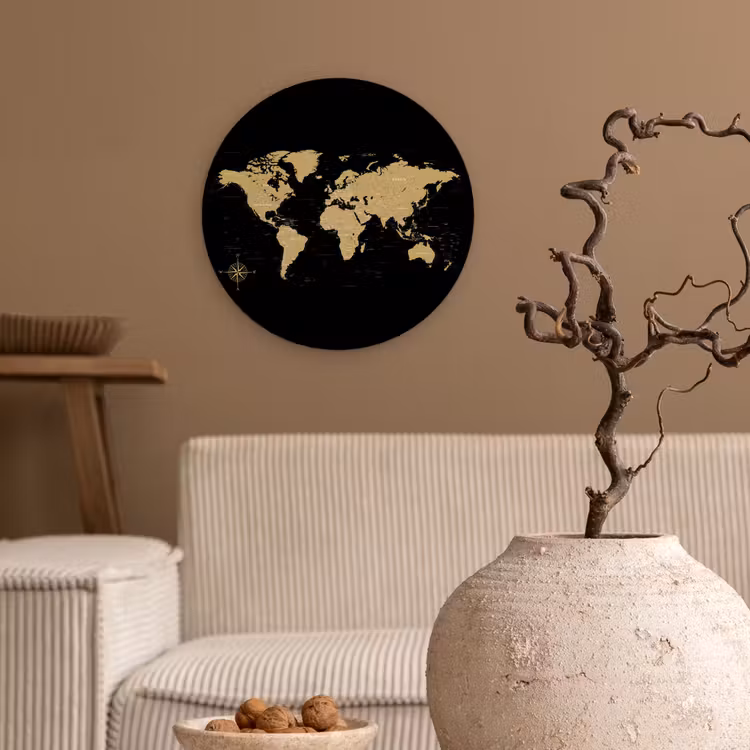 Wereldkaart - Beige - Zwart Wandcirkel kunststof plaat 5mm dik klein -sfeer1