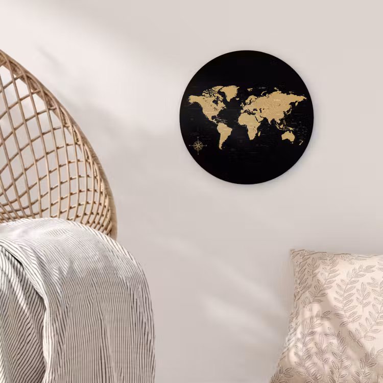 Wereldkaart - Beige - Zwart Wandcirkel kunststof plaat 5mm dik klein -sfeer5
