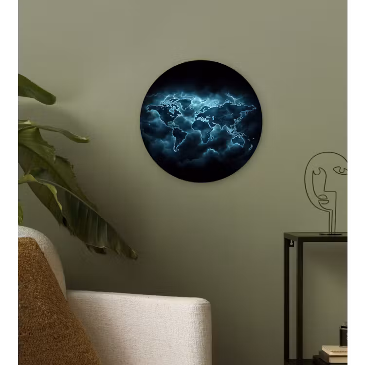 Wereldkaart - Bliksem - Blauw Wandcirkel kunststof plaat 5mm dik klein -sfeer3