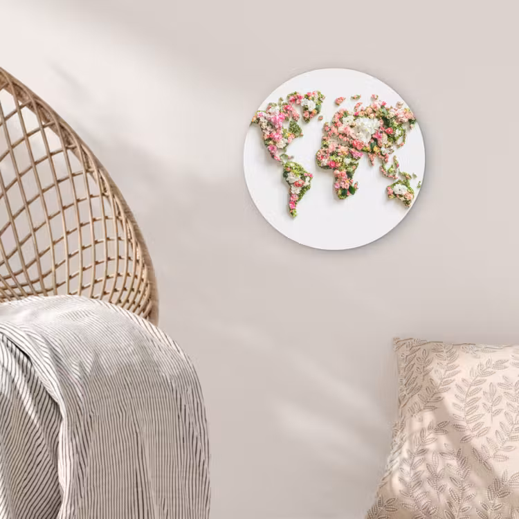 Wereldkaart - Bloemen - Subtiel Wandcirkel kunststof plaat 5mm dik klein -sfeer5