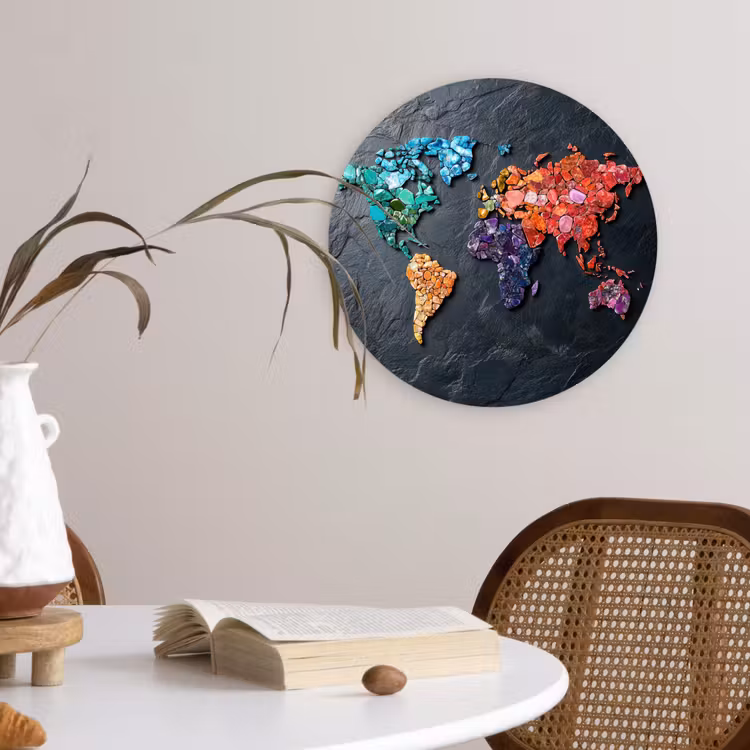 Wereldkaart - Edelstenen - Regenboog - Ruw Wandcirkel kunststof plaat 5mm dik klein -sfeer4