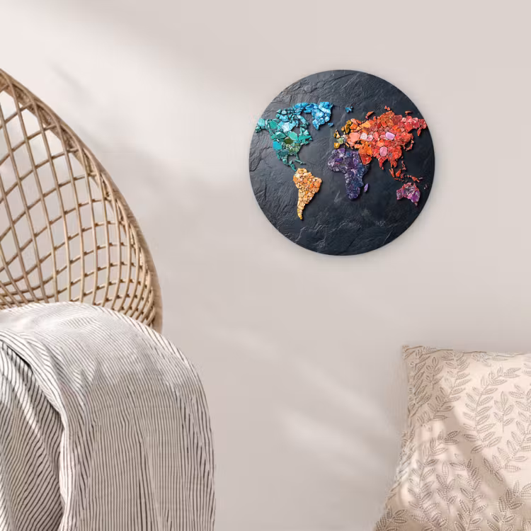 Wereldkaart - Edelstenen - Regenboog - Ruw Wandcirkel kunststof plaat 5mm dik klein -sfeer5