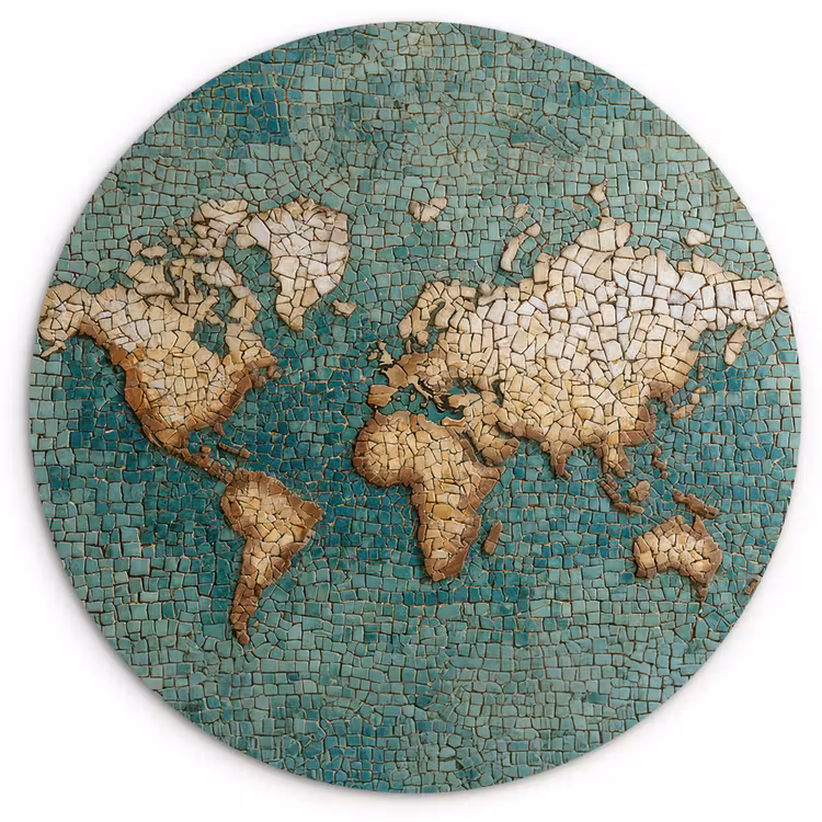 Wereldkaart - Gebroken tegels - Mozaïek Wandcirkel kunststof plaat 5mm dik klein -3d