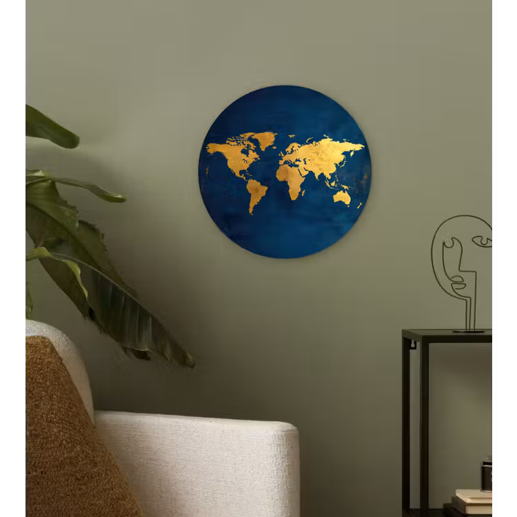 Wereldkaart - Goud - Donkerblauw Wandcirkel kunststof plaat 5mm dik klein -sfeer3