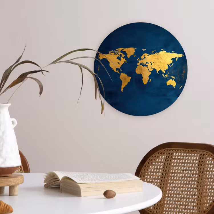 Wereldkaart - Goud - Donkerblauw Wandcirkel kunststof plaat 5mm dik klein -sfeer4