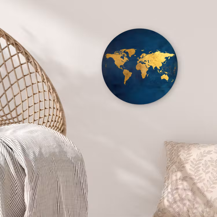Wereldkaart - Goud - Donkerblauw Wandcirkel kunststof plaat 5mm dik klein -sfeer5
