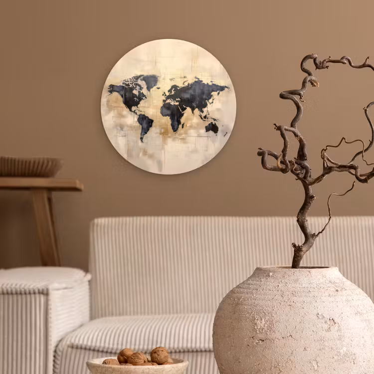 Wereldkaart - Goud - Zwart - Abstract Wandcirkel kunststof plaat 5mm dik klein -sfeer1
