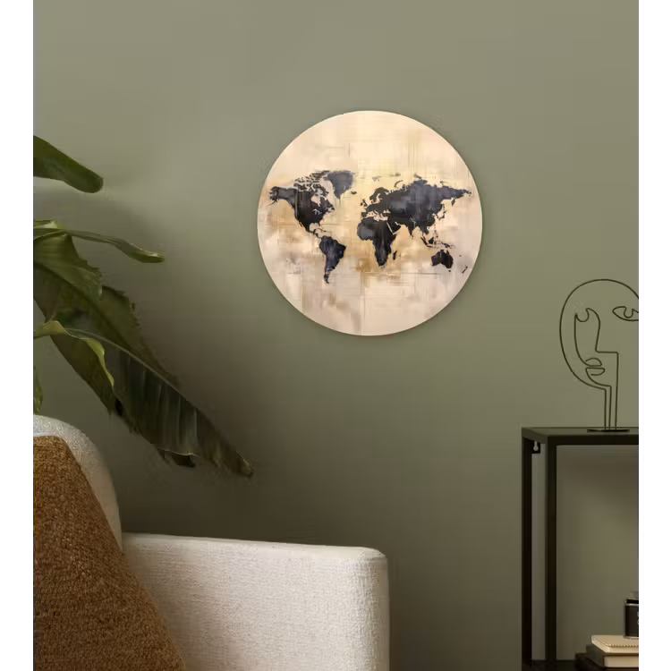 Wereldkaart - Goud - Zwart - Abstract Wandcirkel kunststof plaat 5mm dik klein -sfeer3