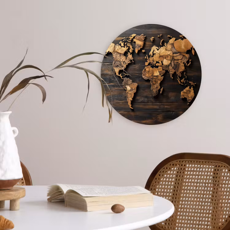 Wereldkaart - Hout - Mozaïek Wandcirkel kunststof plaat 5mm dik klein -sfeer4