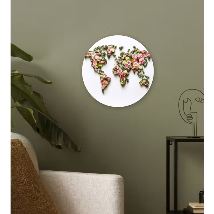 Wereldkaart - Kleurrijk - Bloemen - Lente Wandcirkel kunststof plaat 5mm dik klein -sfeer3