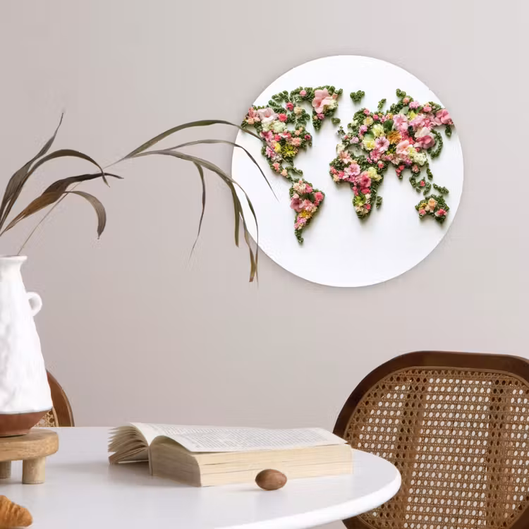 Wereldkaart - Kleurrijk - Bloemen - Lente Wandcirkel kunststof plaat 5mm dik klein -sfeer4