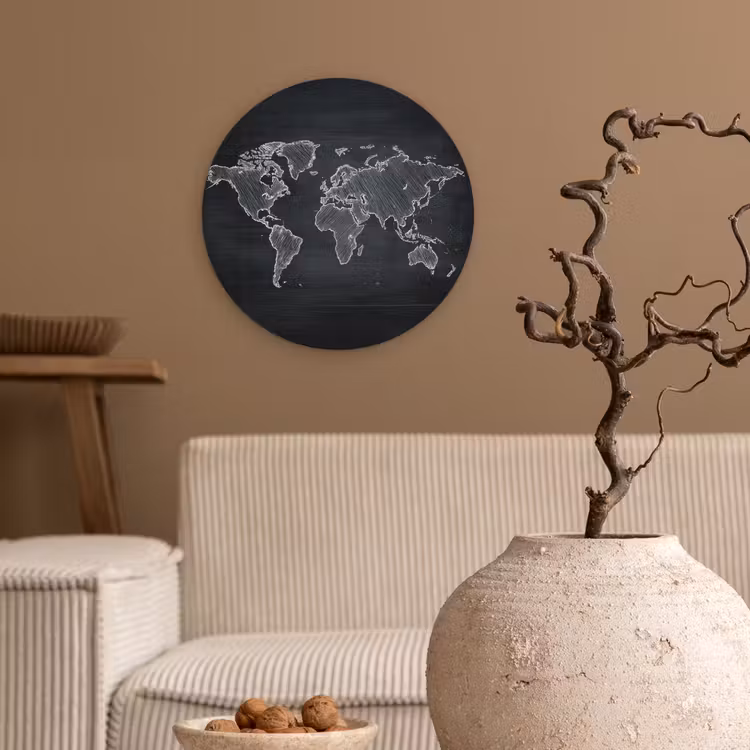 Wereldkaart - Krijt - Zwart - minimalistisch Wandcirkel kunststof plaat 5mm dik klein -sfeer1