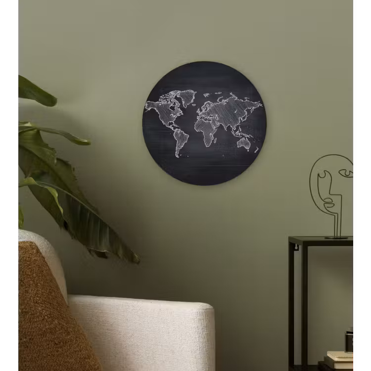 Wereldkaart - Krijt - Zwart - minimalistisch Wandcirkel kunststof plaat 5mm dik klein -sfeer3