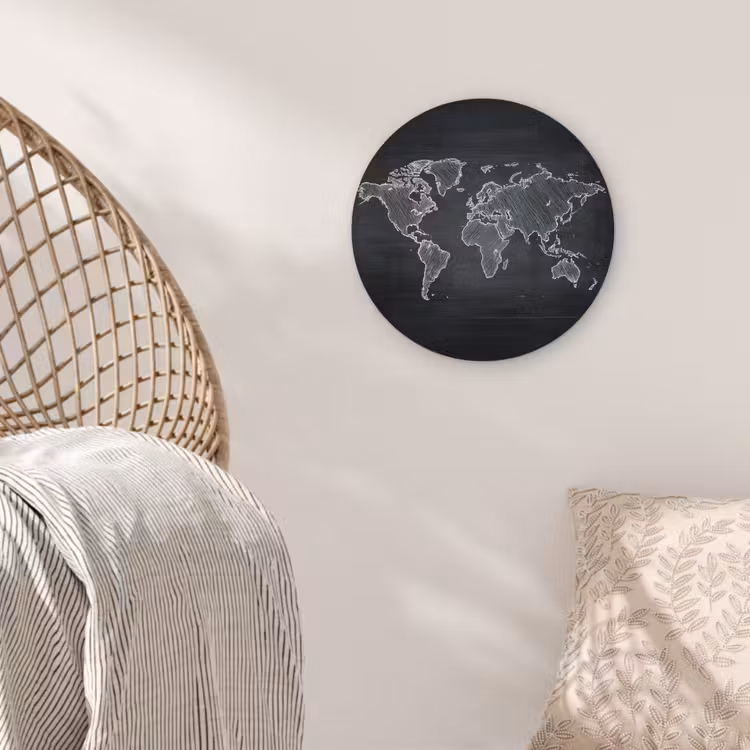 Wereldkaart - Krijt - Zwart - minimalistisch Wandcirkel kunststof plaat 5mm dik klein -sfeer5