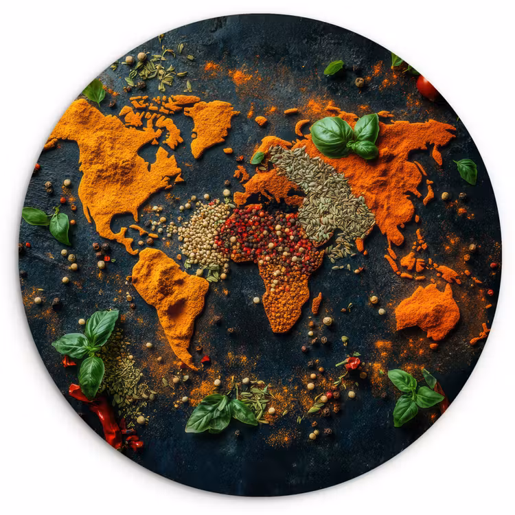 Wereldkaart - Kruiden - Levendige kleuren Wandcirkel kunststof plaat 5mm dik klein -3d