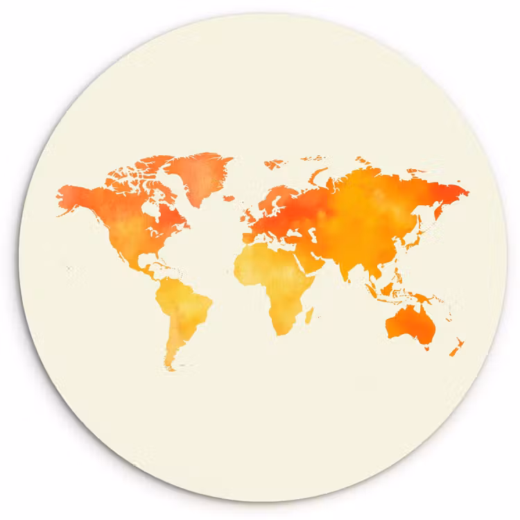 Wereldkaart - Oranje - Kleurrijk Wandcirkel kunststof plaat 5mm dik klein -3d