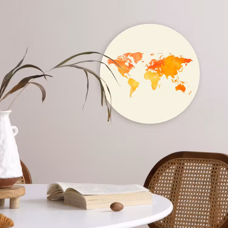 Wereldkaart - Oranje - Kleurrijk Wandcirkel kunststof plaat 5mm dik klein -sfeer4