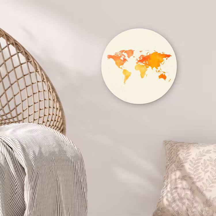 Wereldkaart - Oranje - Kleurrijk Wandcirkel kunststof plaat 5mm dik klein -sfeer5