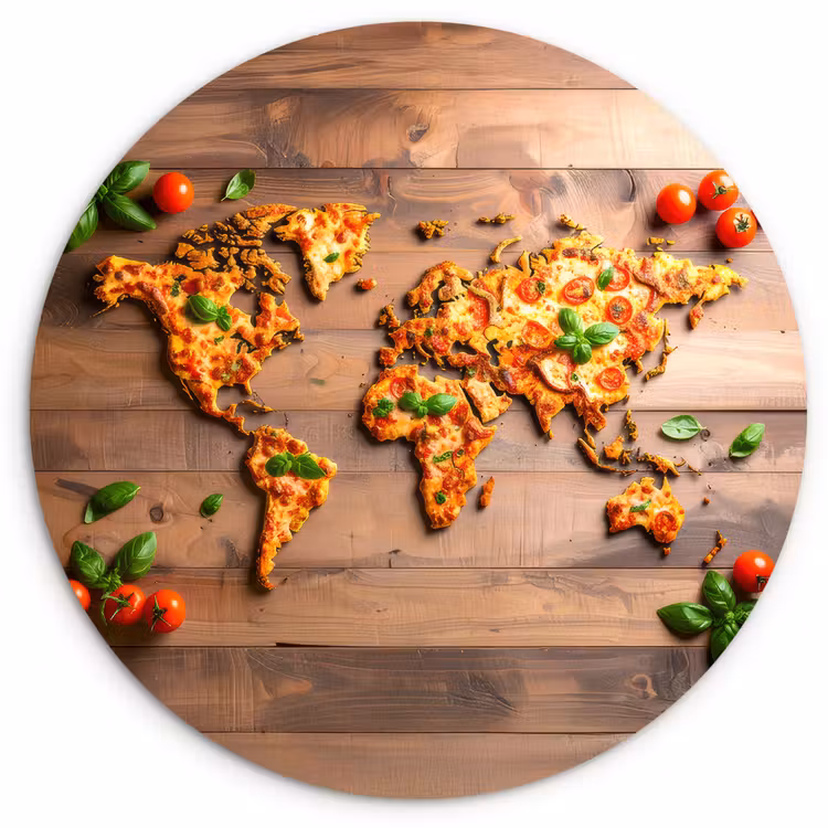 Wereldkaart - Pizza - Houten ondergrond Wandcirkel kunststof plaat 5mm dik klein -3d
