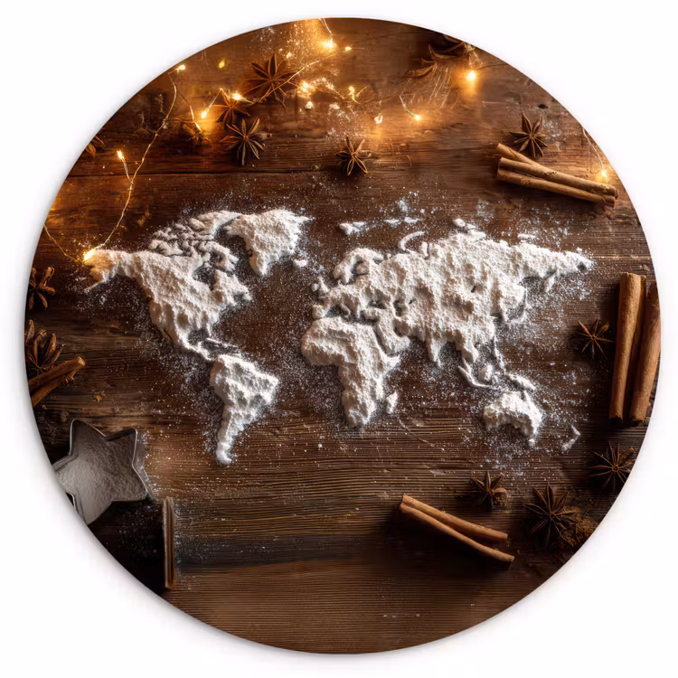 Wereldkaart - Poedersuiker - Hout Wandcirkel kunststof plaat 5mm dik klein -3d