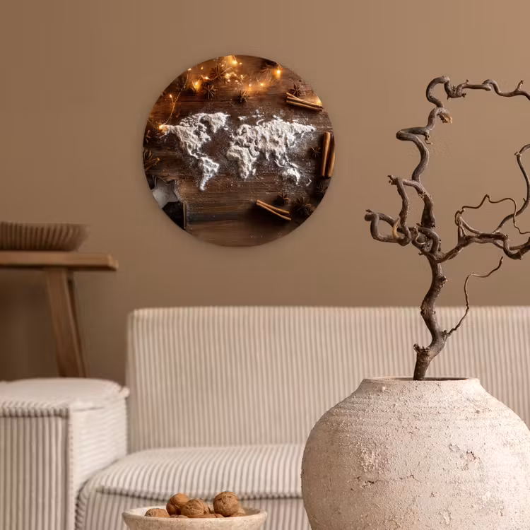 Wereldkaart - Poedersuiker - Hout Wandcirkel kunststof plaat 5mm dik klein -sfeer1
