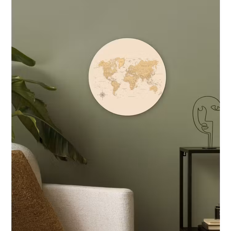 Wereldkaart - Realistisch - Beige Wandcirkel kunststof plaat 5mm dik klein -sfeer3