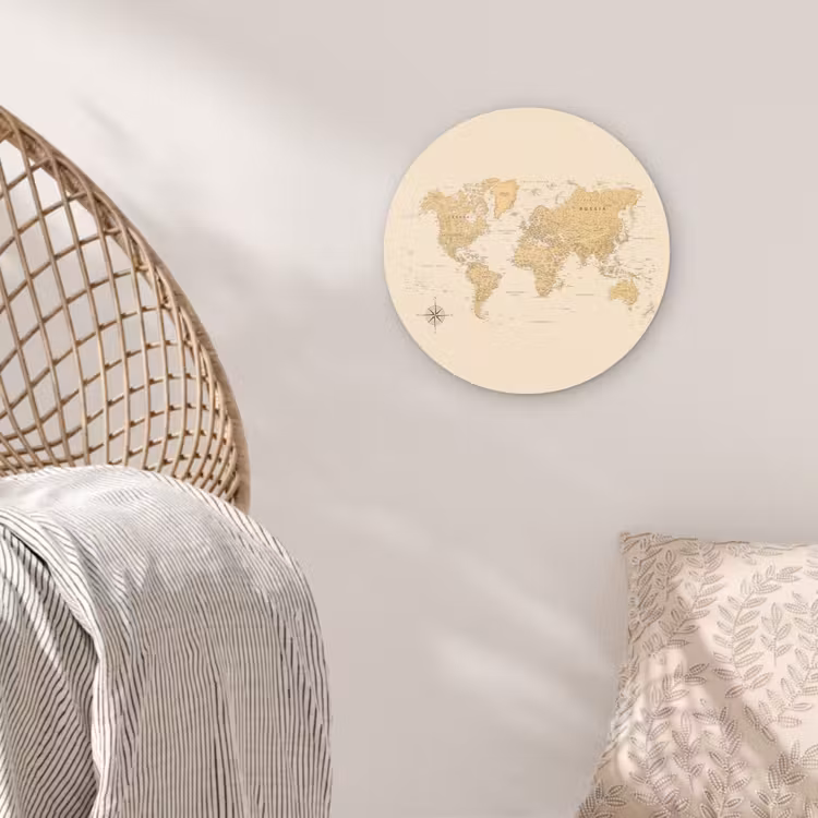 Wereldkaart - Realistisch - Beige Wandcirkel kunststof plaat 5mm dik klein -sfeer5