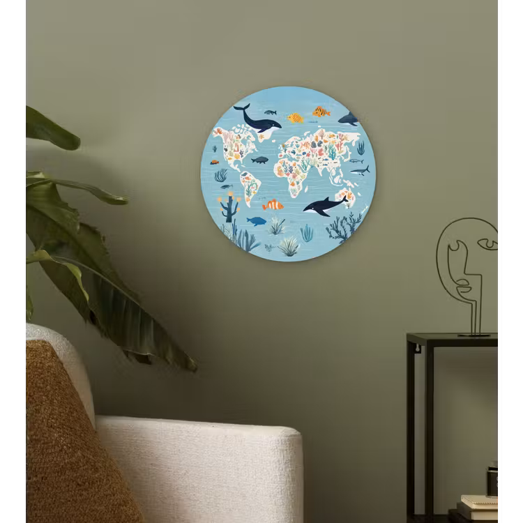 Wereldkaart - Zeeleven - Blauw Wandcirkel kunststof plaat 5mm dik klein -sfeer3