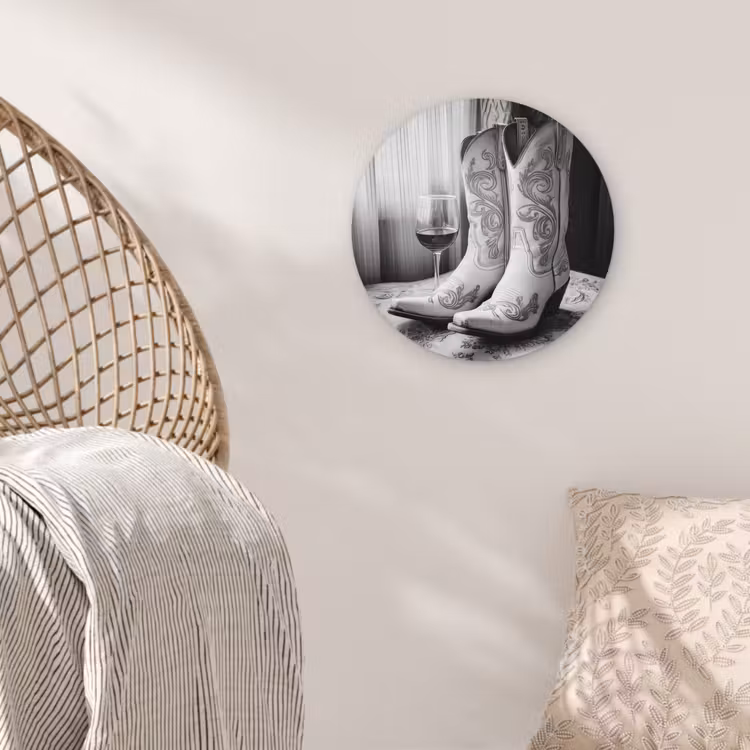 Wijn - Cowboylaarzen - Raamlicht - Wit Wandcirkel kunststof plaat 5mm dik klein -sfeer5
