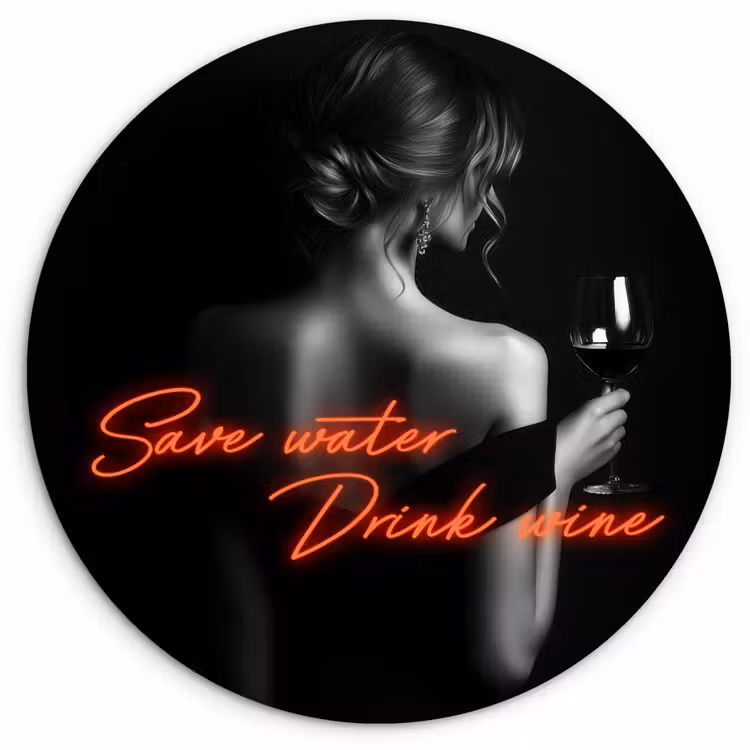 Wijn - Vrouw - Neon - Quote Wandcirkel kunststof plaat 5mm dik klein -3d