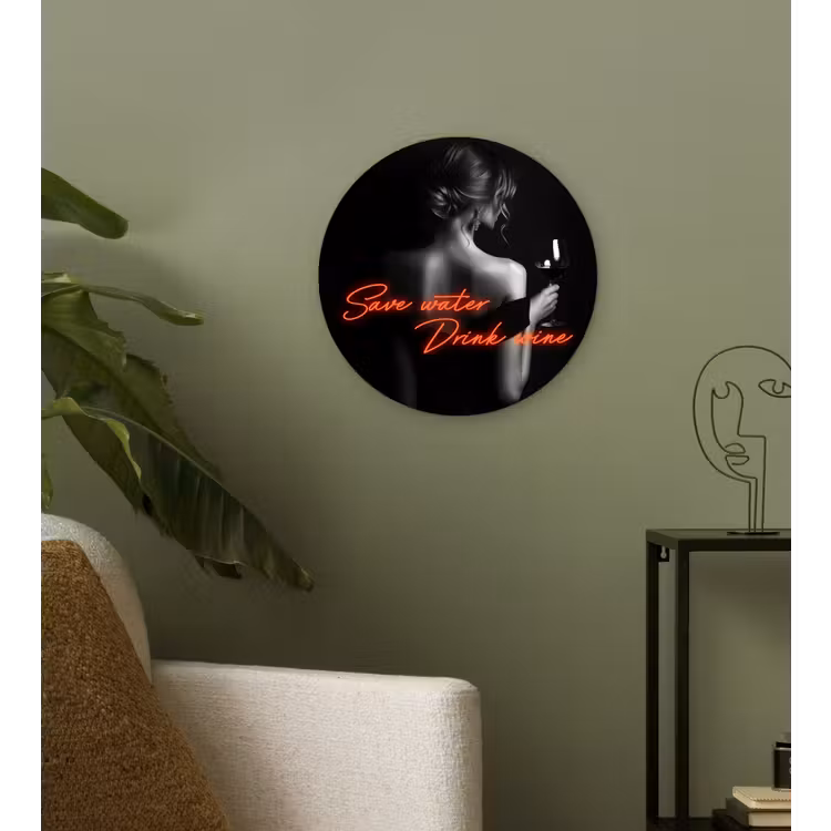 Wijn - Vrouw - Neon - Quote Wandcirkel kunststof plaat 5mm dik klein -sfeer3