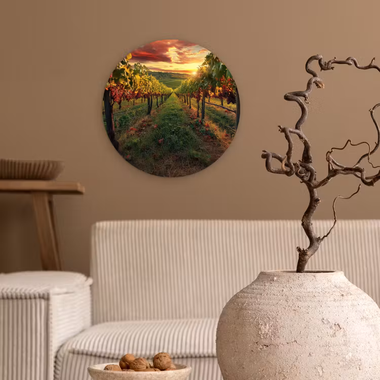 Wijngaard - Druiven - Zonsondergang Wandcirkel kunststof plaat 5mm dik klein -sfeer1